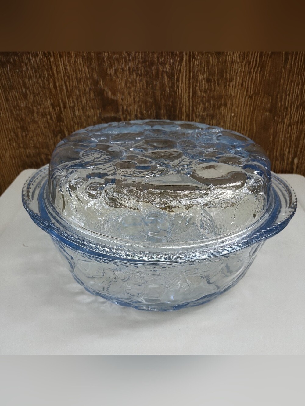 vintage Libbey Orchard Fruit light blue glass covered casserole dish.